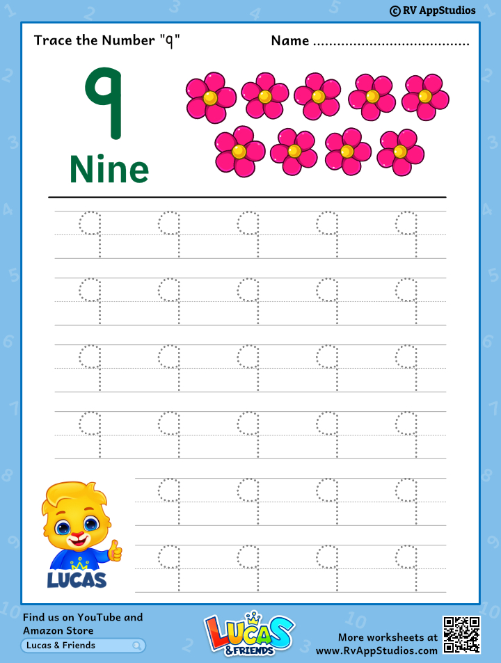 Trace Number '9' Worksheet for FREE for Kids