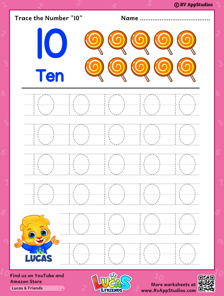 trace number 10 worksheet for free for kids