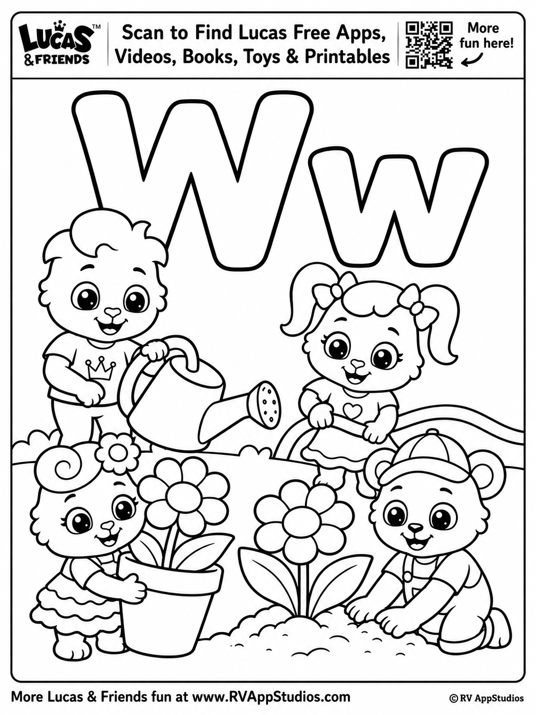 Letter W Coloring Page with Friends Watering Flowers