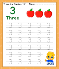 trace number 3 worksheet for free for kids